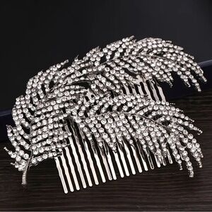 Elegant Silver Leaf Hair Comb, silver feather rhinestone hair comb, bride